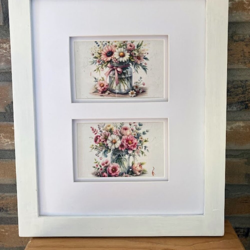 Cottage Shabby Chic Double Image Floral Prints Rice Paper Framed